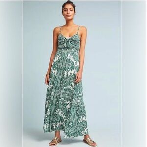 Anthropologie Moulinette Soeurs Green & White Paisley Print Spaghetti Maxi Dress